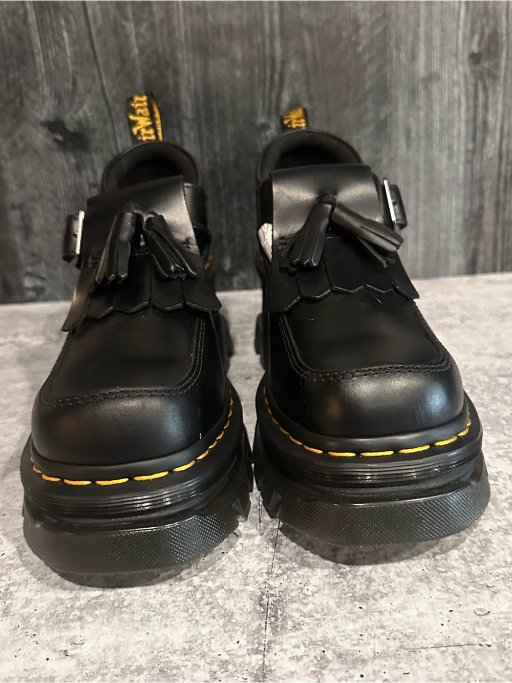 Dr. Martens Black Leather Tassel Kiltie Loafers with Yellow Stitching